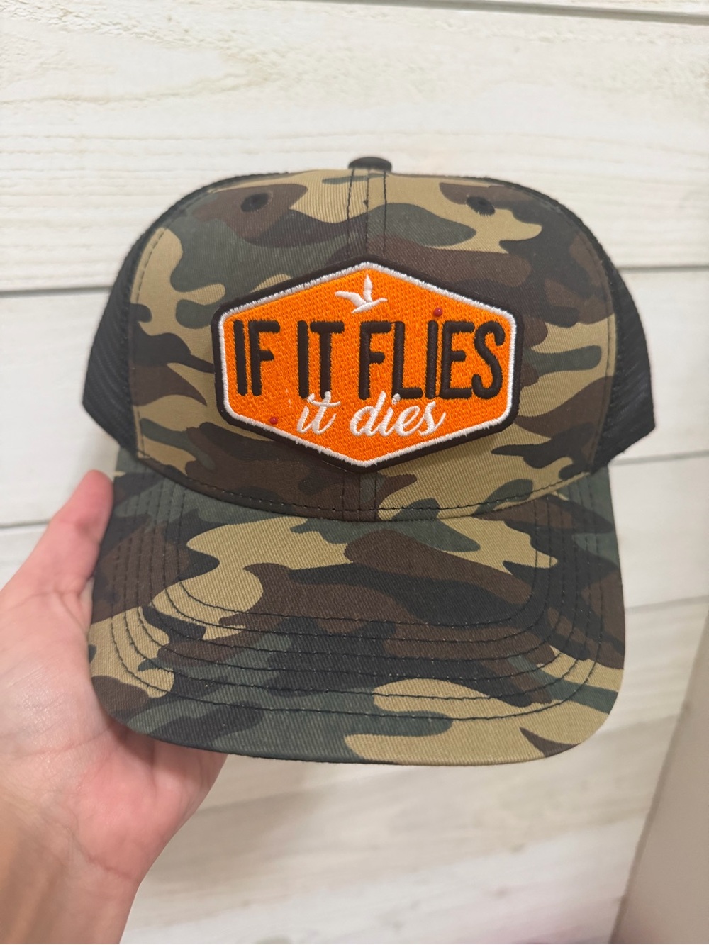 If It Flies It Dies Camo Trucker Hat - Orange Patch